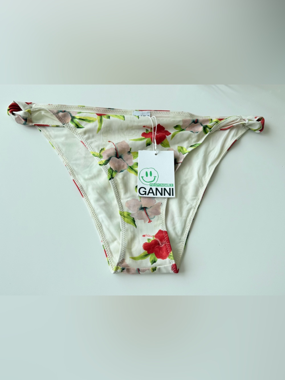 Ganni White Floral Bikini Bottom with Red & Pink Blooms